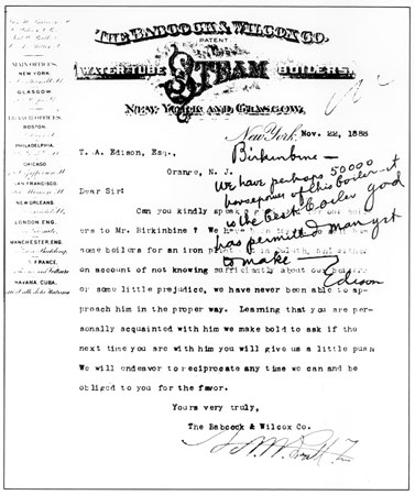 letter with handwritten note from thomas edison endorsing babcock wilcox boilers